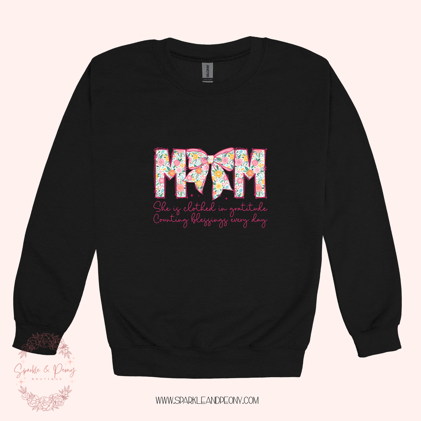 MOM- floral bow- counting her blessings crewneck