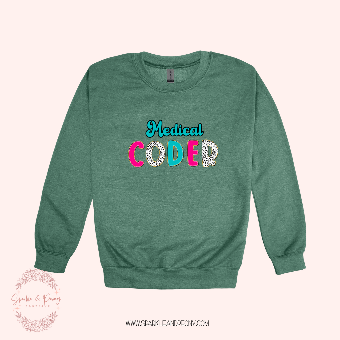 Medical coder dalmatian letter and bubble graphic crewneck- adult sizes