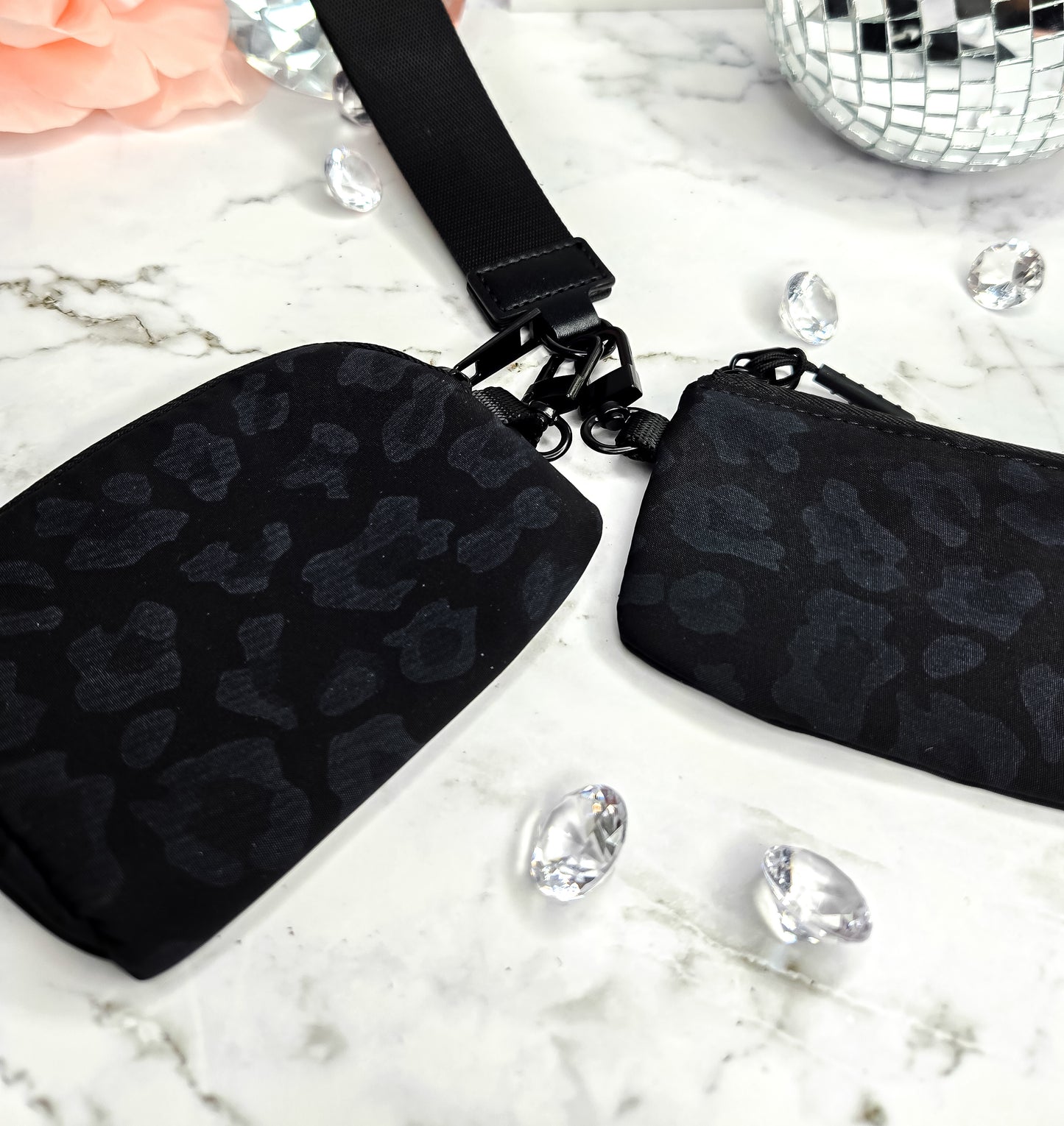 Double pouch wristlet in black leopard