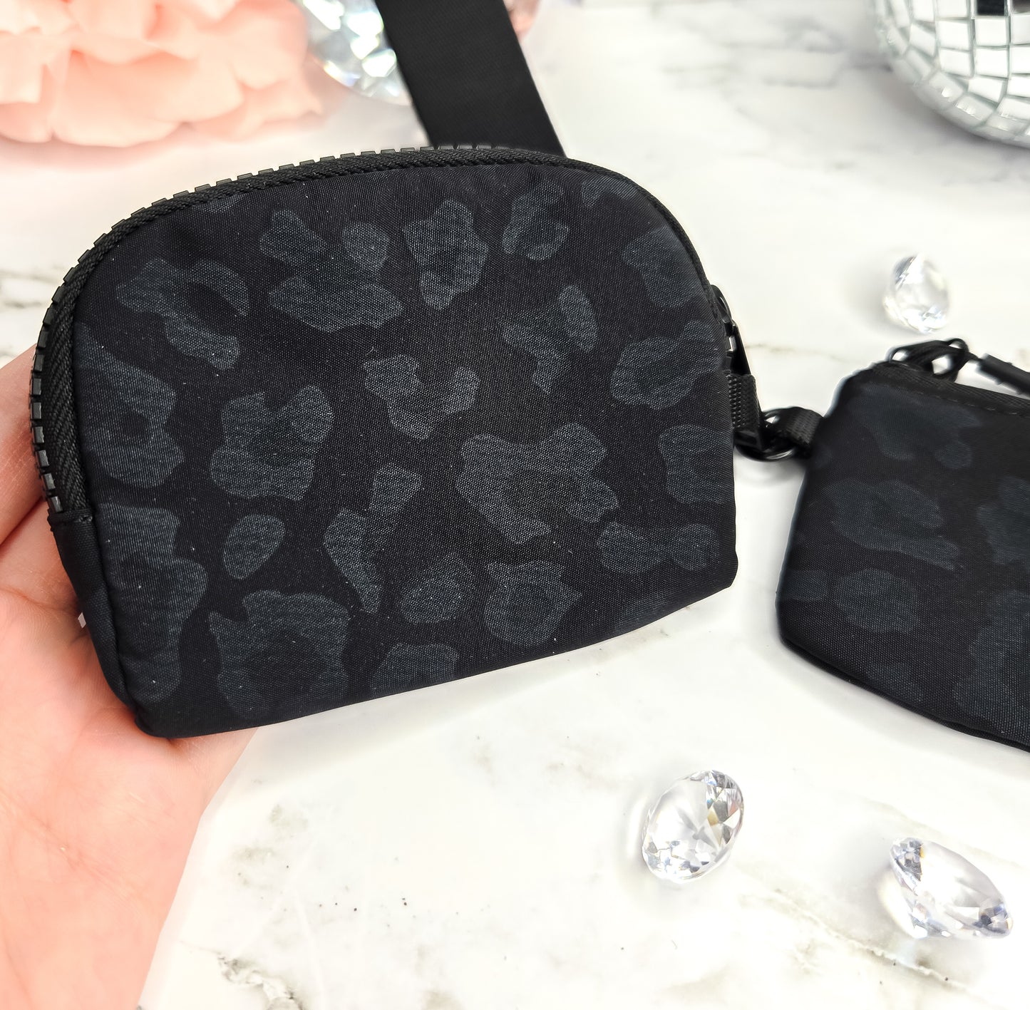 Double pouch wristlet in black leopard