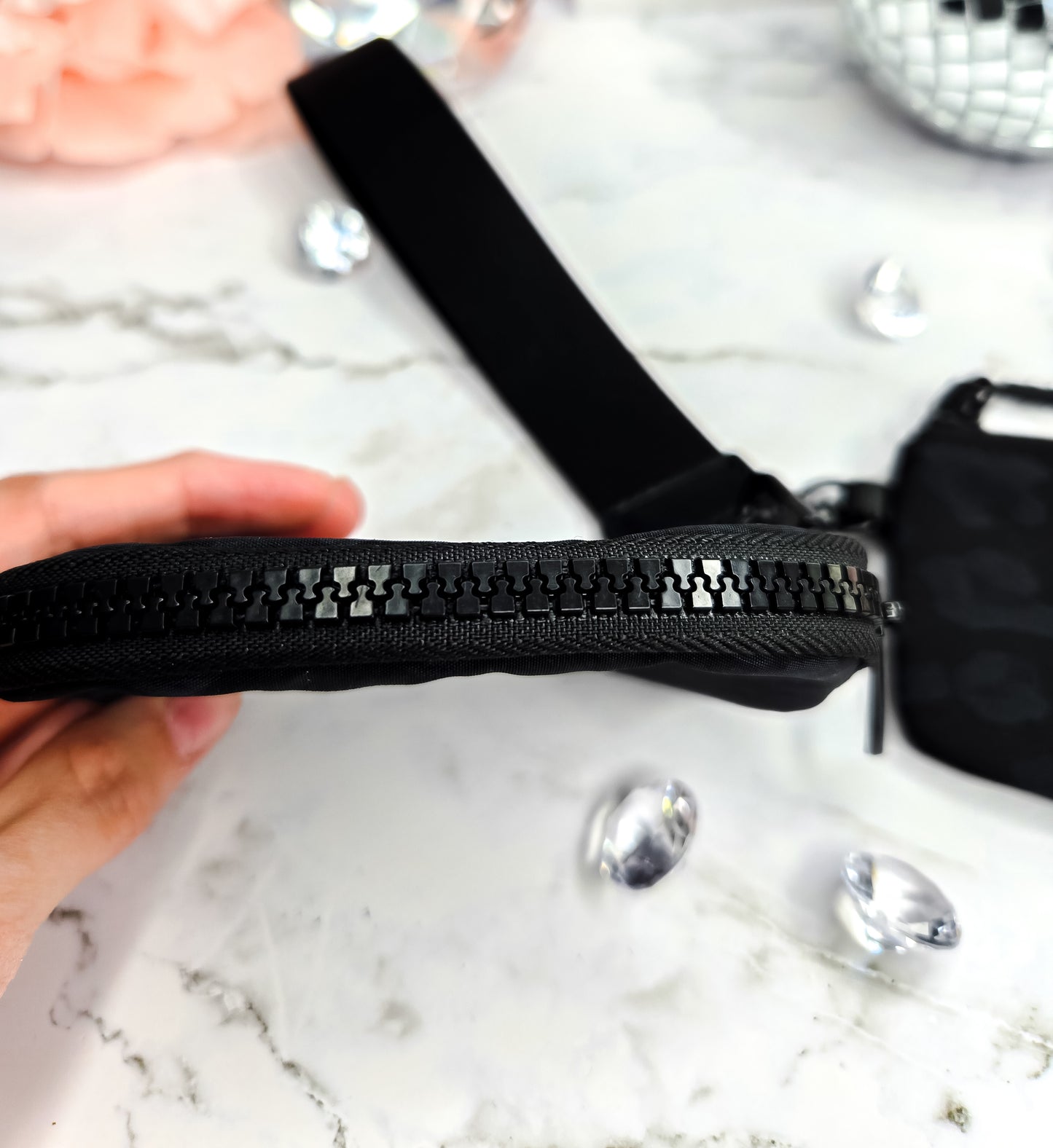 Double pouch wristlet in black leopard