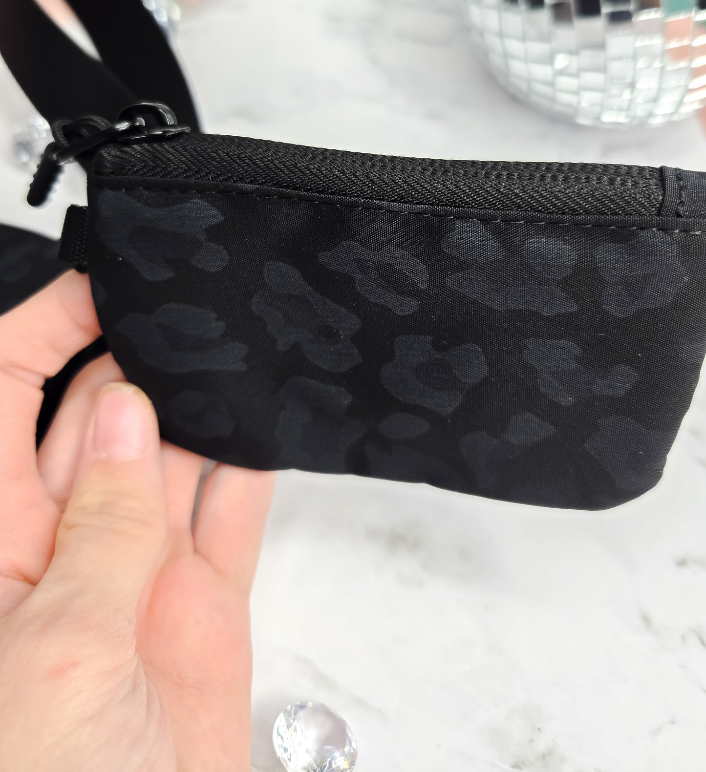 Double pouch wristlet in black leopard
