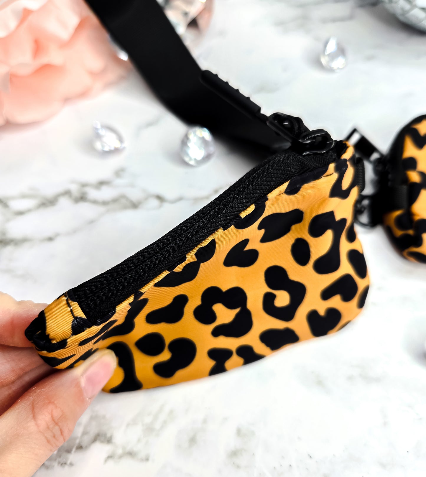 Double pouch wristlet in leopard