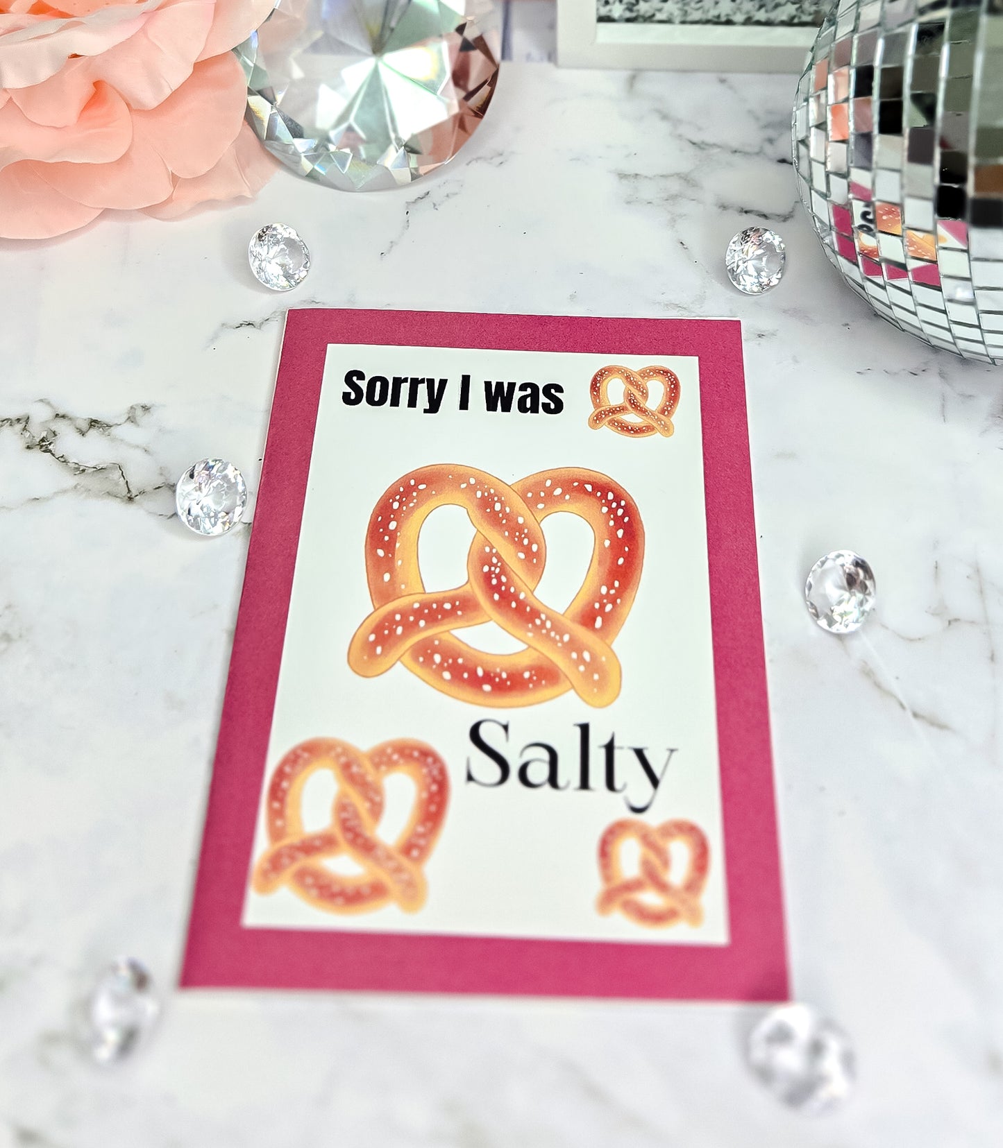Sorry I was Salty pretzel pun greeting card