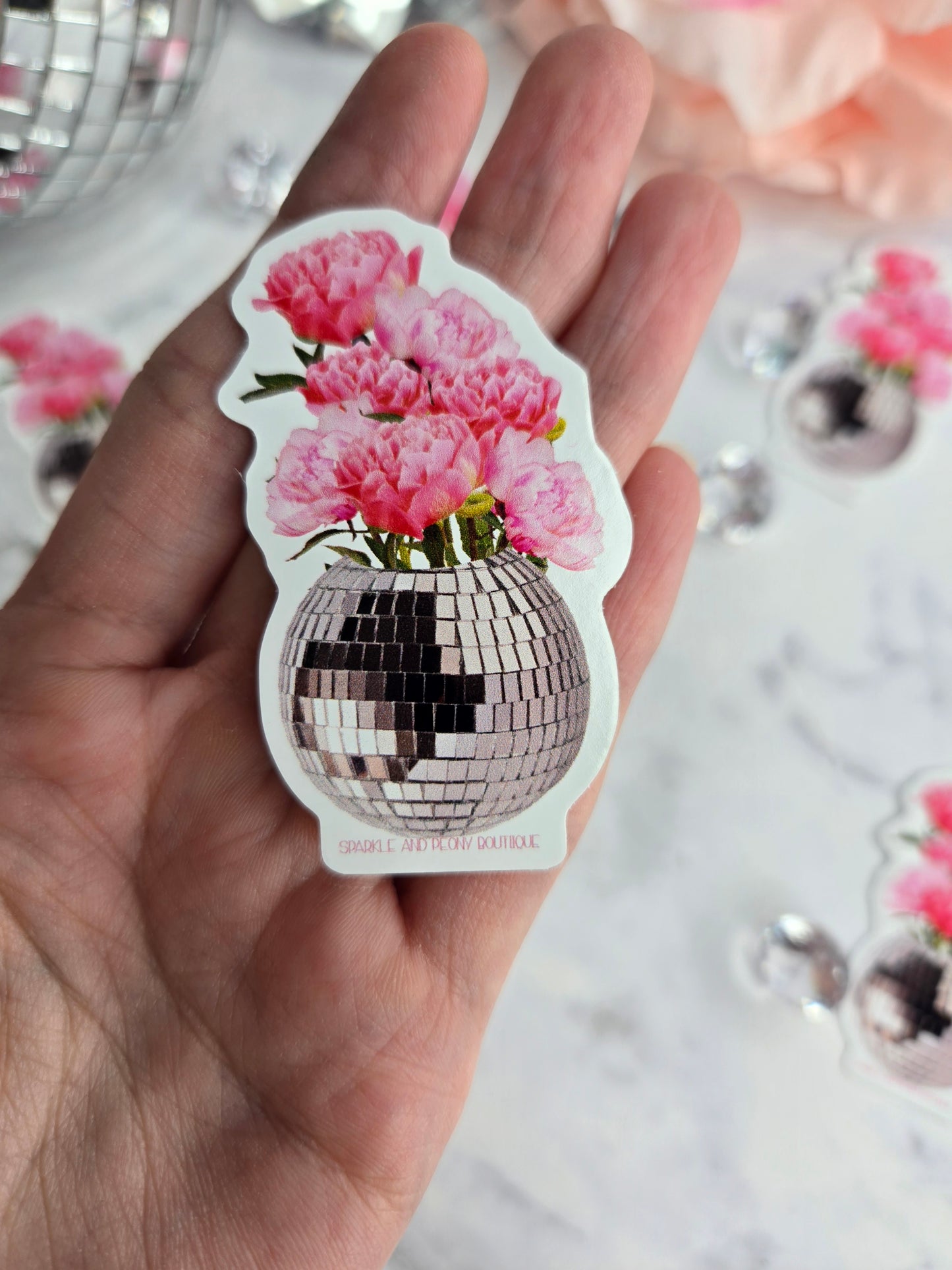 Peony Bouquet in Disco Ball Sticker | Feminine Floral Waterproof Vinyl Decal