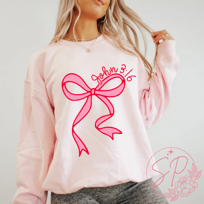 John 3:16 bow era light pink crewneck Valentines day