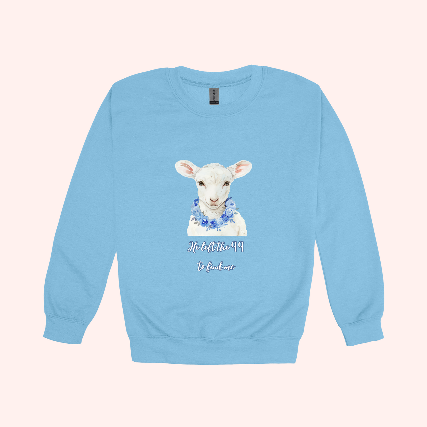 Magdalene the Lamb graphic crewneck on light blue Adult
