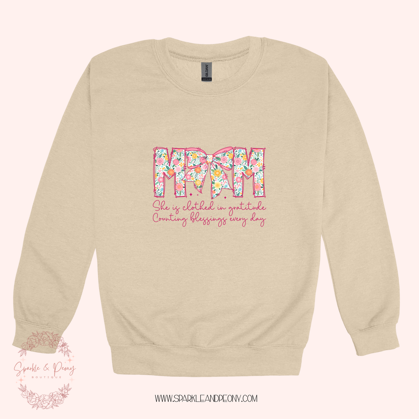 MOM- floral bow- counting her blessings crewneck