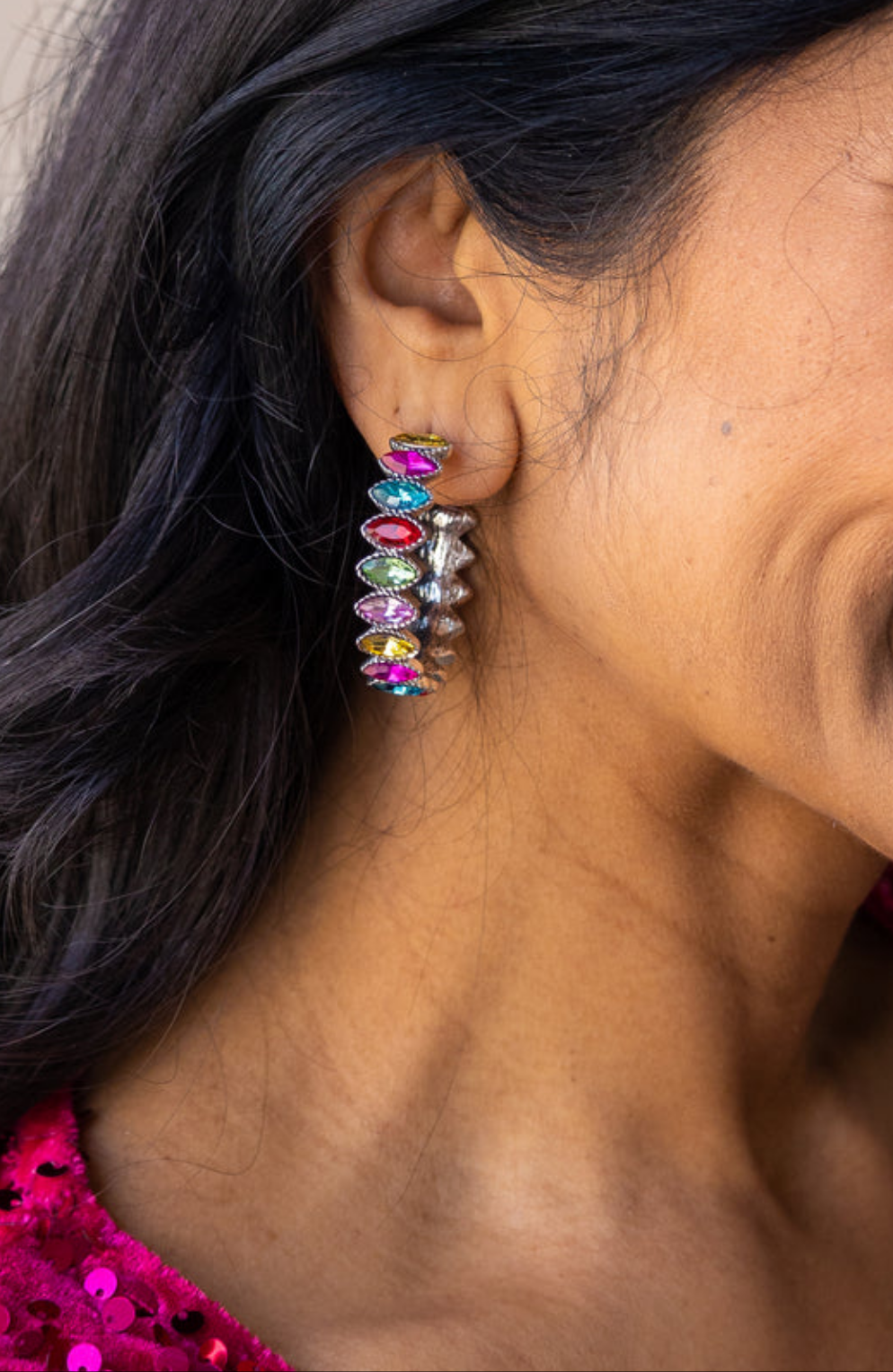 Keep It Stunning Multicolor Rhinestone Silver Hoops