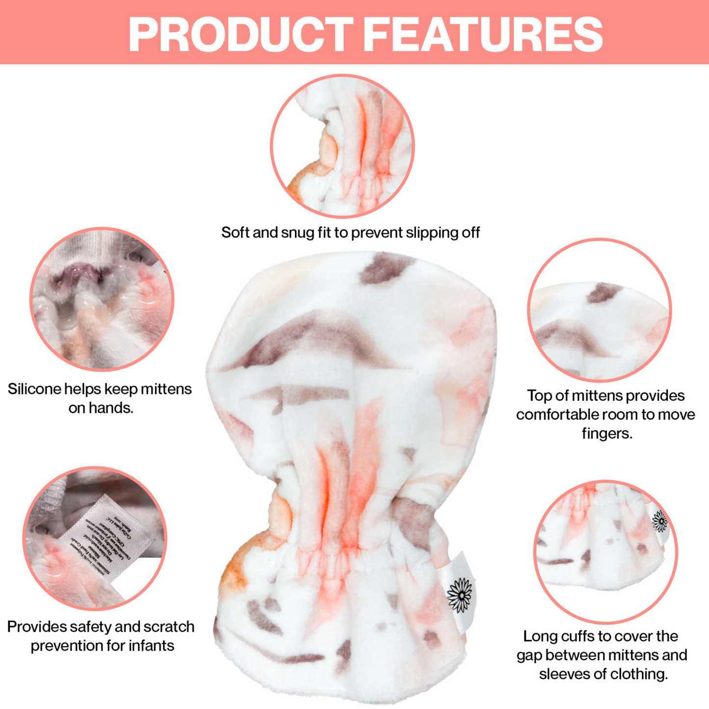 Stay-On Baby Mittens with Silicone Grip - Painted Flowers No Scratch Mittens for Newborns 0-6 Months