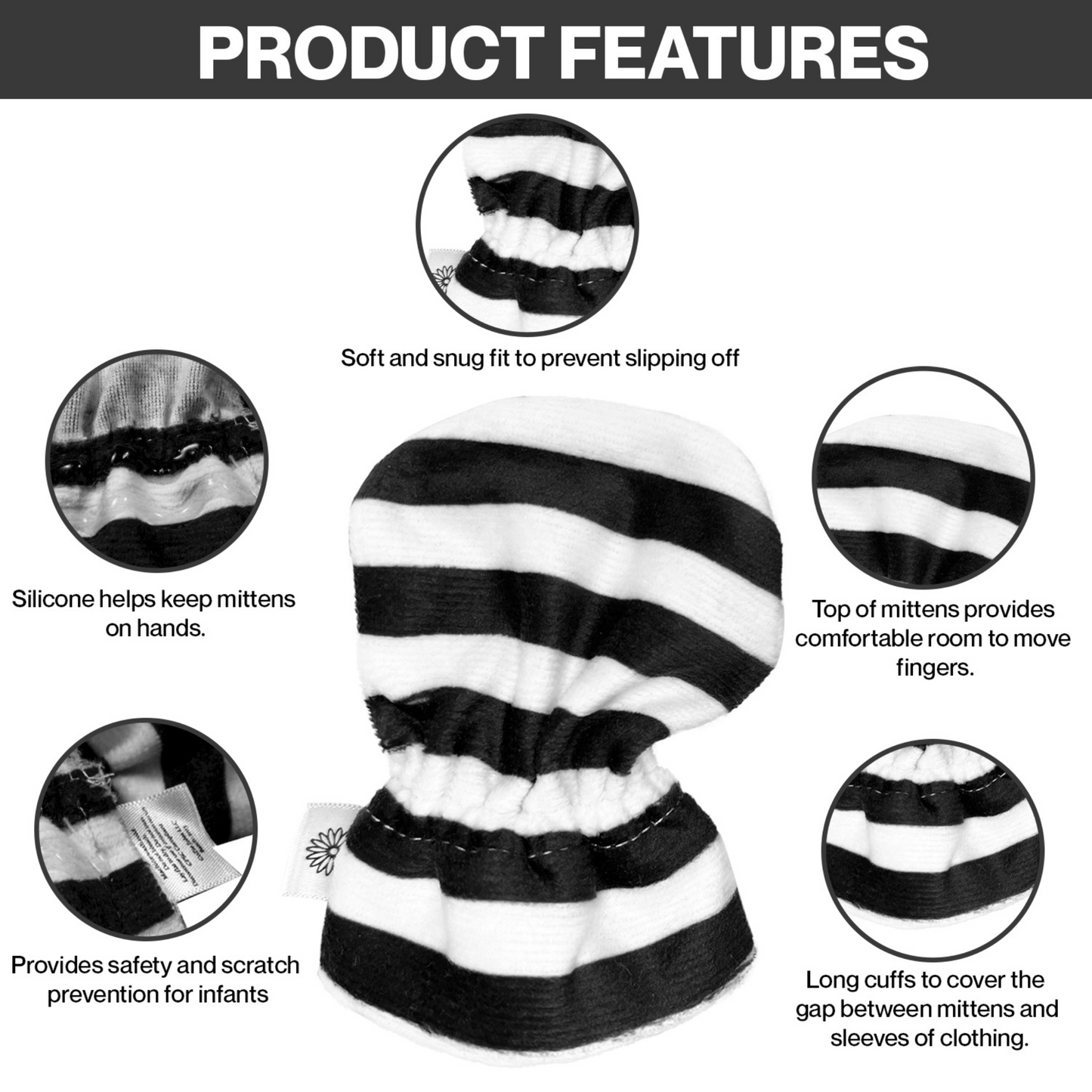 Stay-On Baby Mittens with Silicone Grip - Black & White Stripes No Scratch Mittens for Newborns 0-6 Months