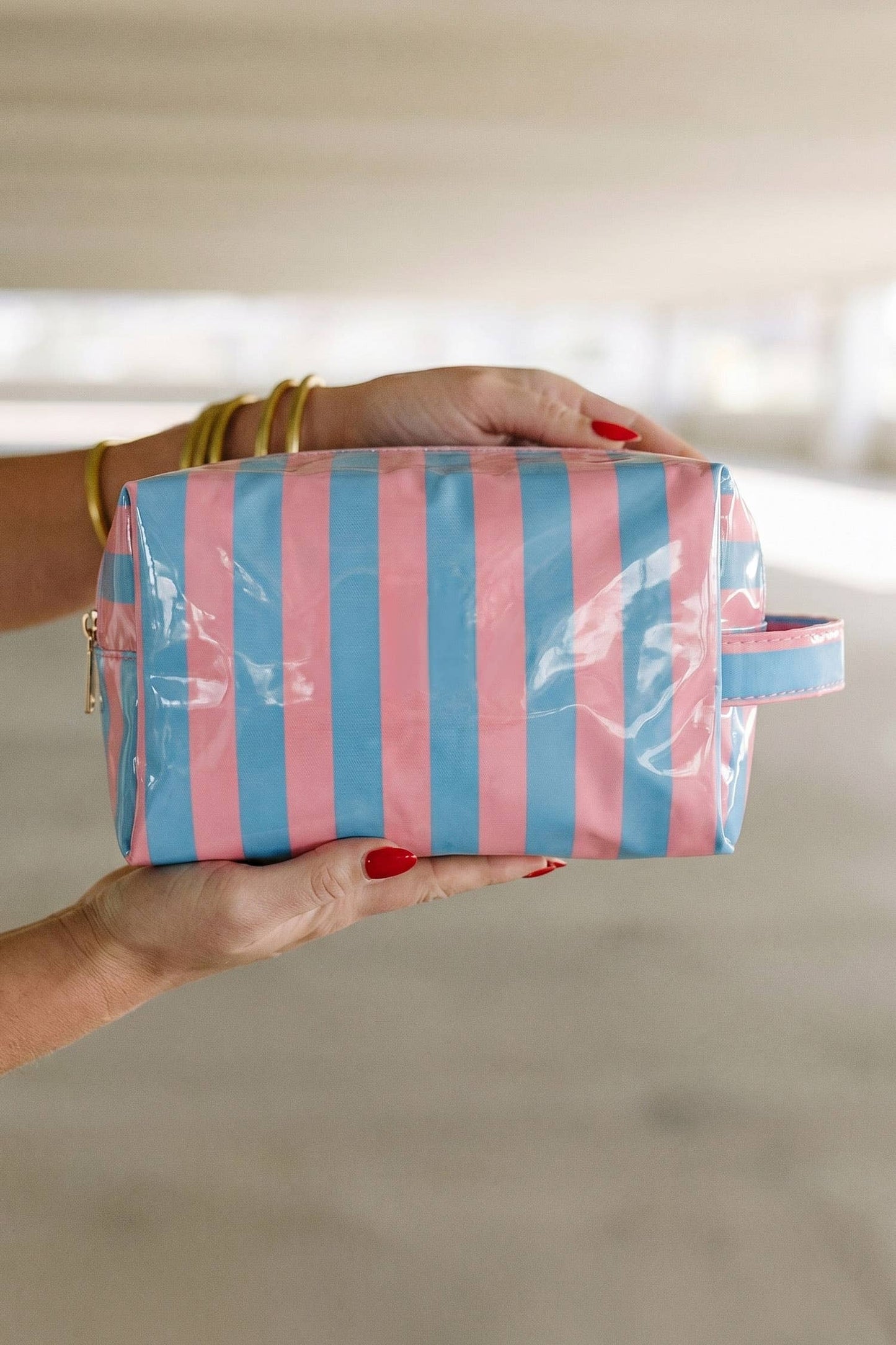 Striped Cosmetic Bag Durable Zipper Handle Travel Organizer