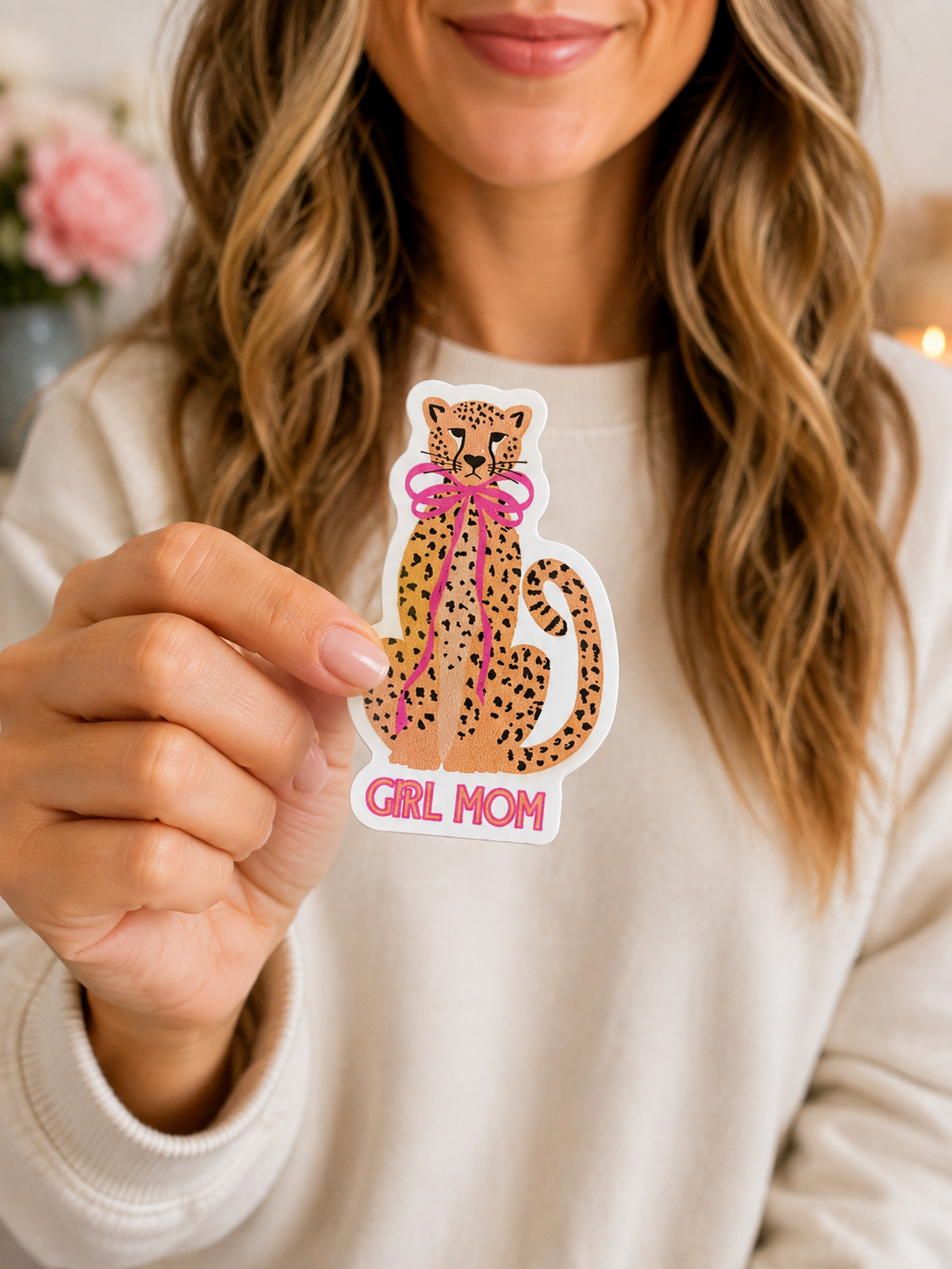 Girl Mom Leopard Sticker | Cute Pink Bow Mama Vinyl Sticker | Mom Life Sticker