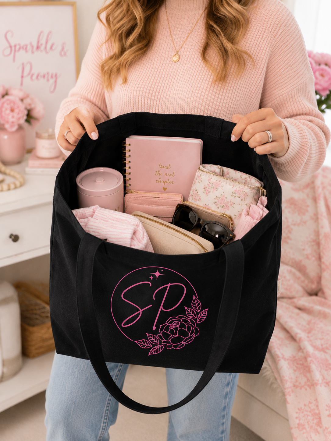 Sparkle & Peony Floral Tote Bag | Black Canvas Everyday Tote