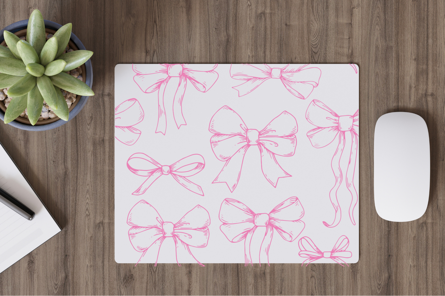 Oh Bow mousepad- pink bows- white background- desk accessory