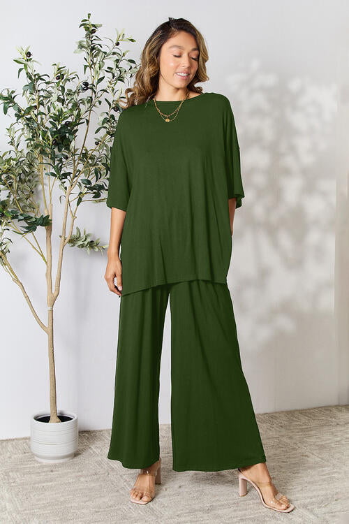 lounge the day away! Round Neck Slit Top and Pants Set