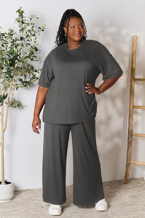 lounge the day away! Round Neck Slit Top and Pants Set