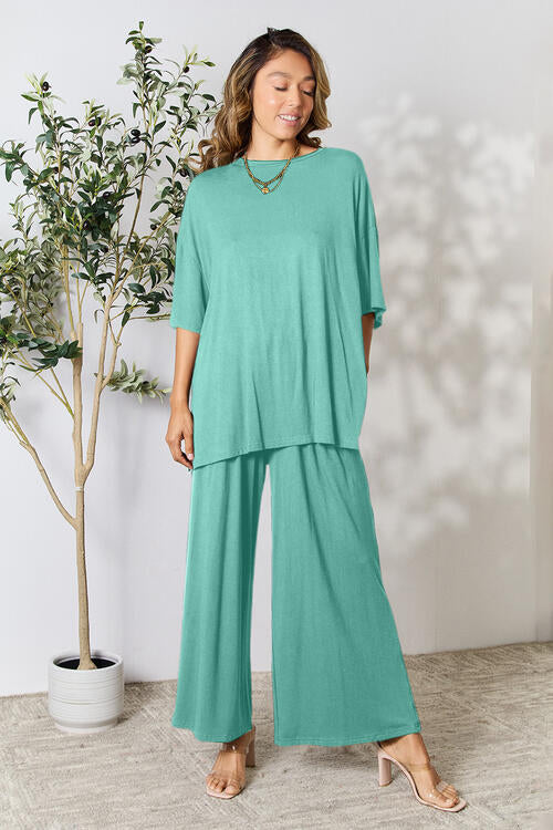 lounge the day away! Round Neck Slit Top and Pants Set
