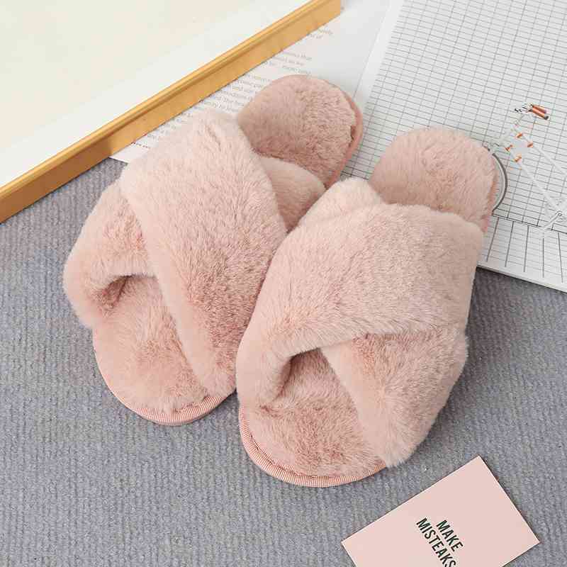 Faux Fur Crisscross Strap Slippers