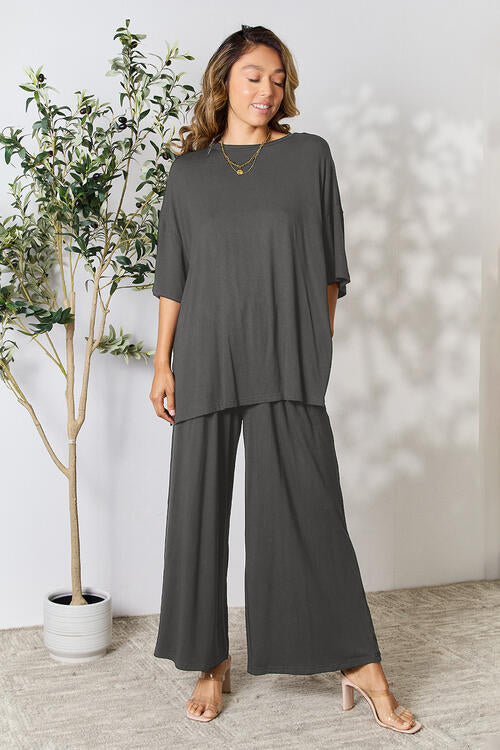 lounge the day away! Round Neck Slit Top and Pants Set