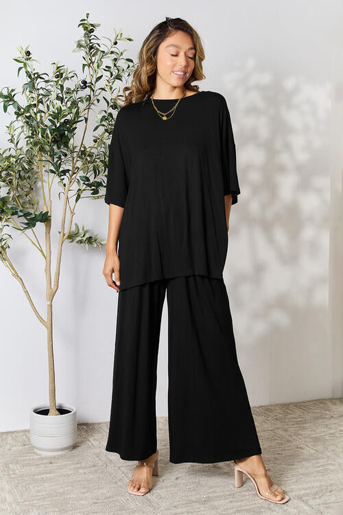 lounge the day away! Round Neck Slit Top and Pants Set
