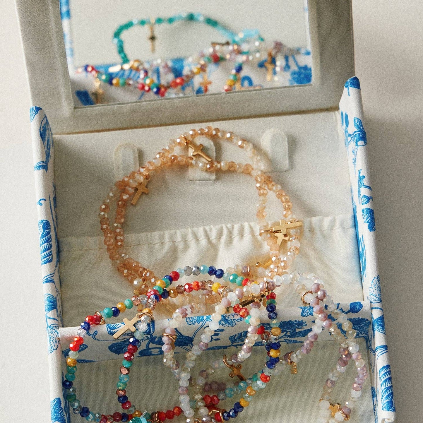 Gold Cross Charm Crystal Stretch Bracelet Stack Set