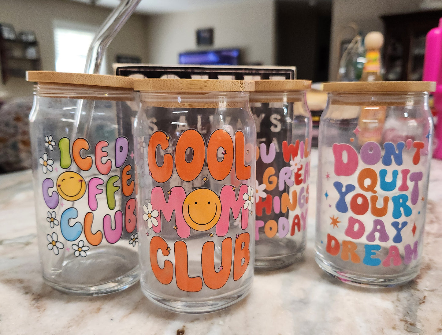 Iced coffee club- 16 oz glass can with bamboo lid made in WV- ships FREE