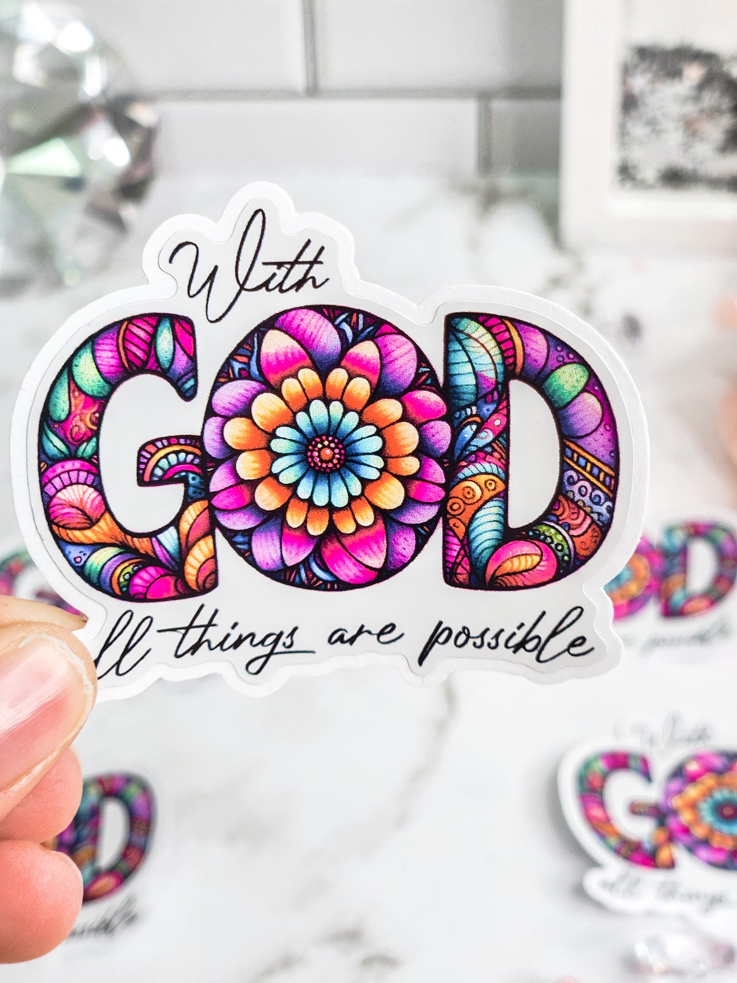 With God all things are possible stained glass- sticker