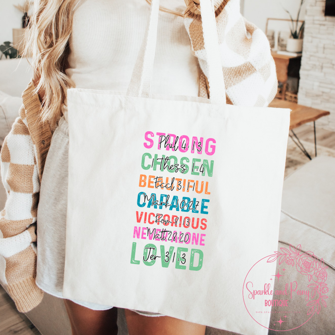 She is _______ canvas tote bag