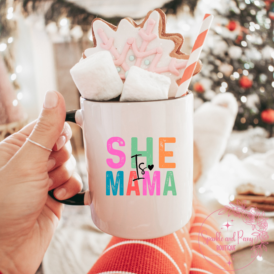 She is ______ coffee mug