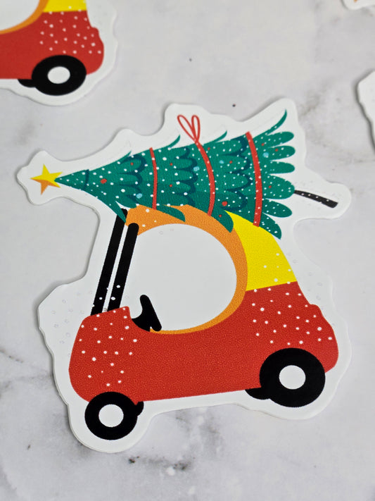 Toddler car carrying Christmas tree sticker