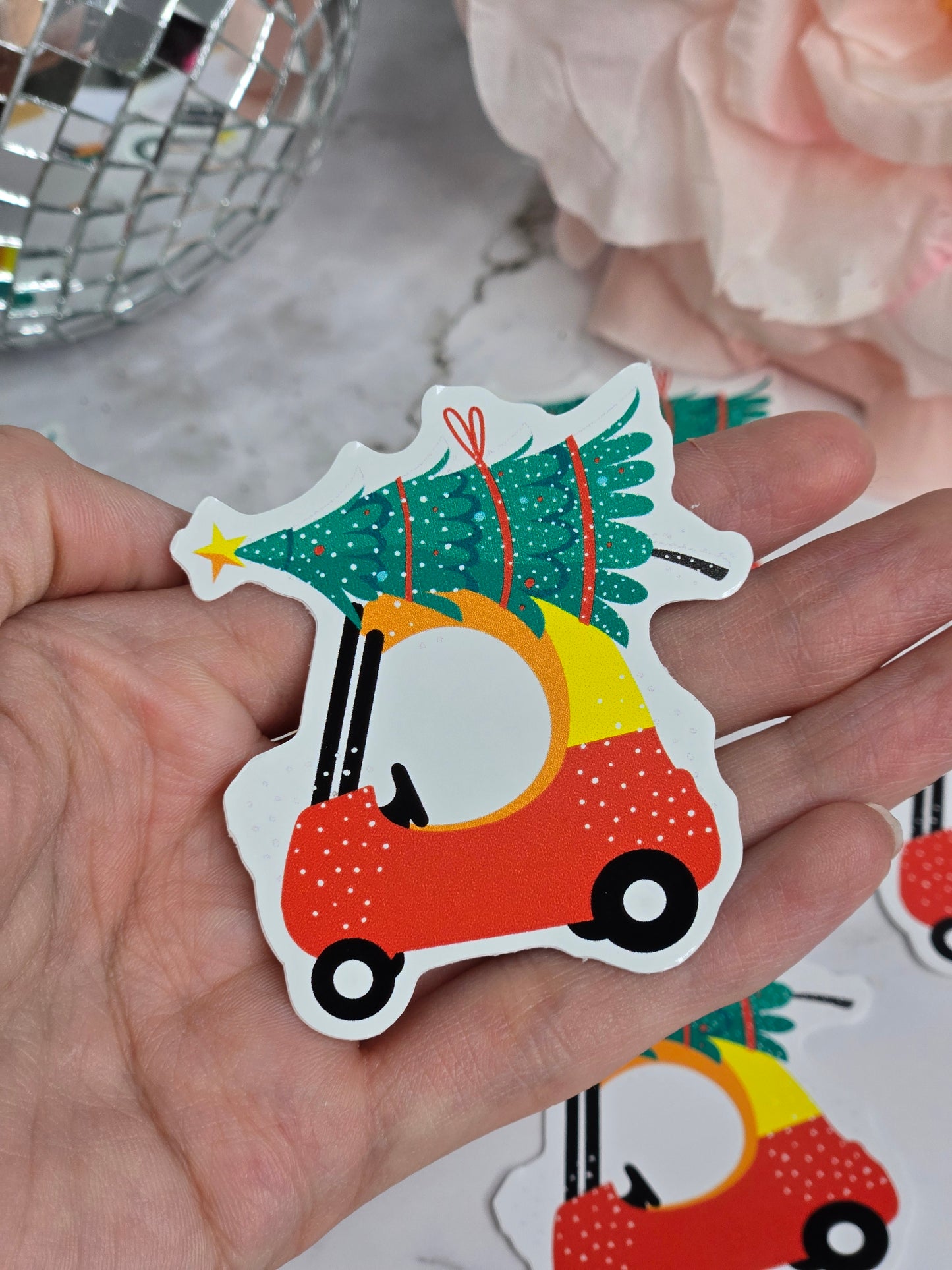 Toddler car carrying Christmas tree sticker