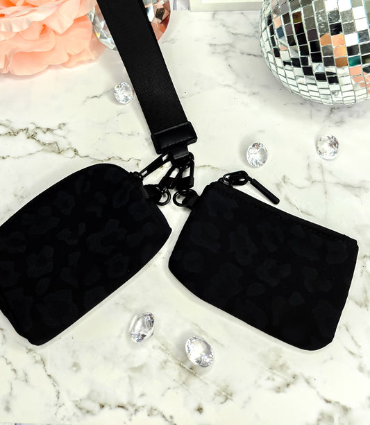 Double pouch wristlet in black leopard