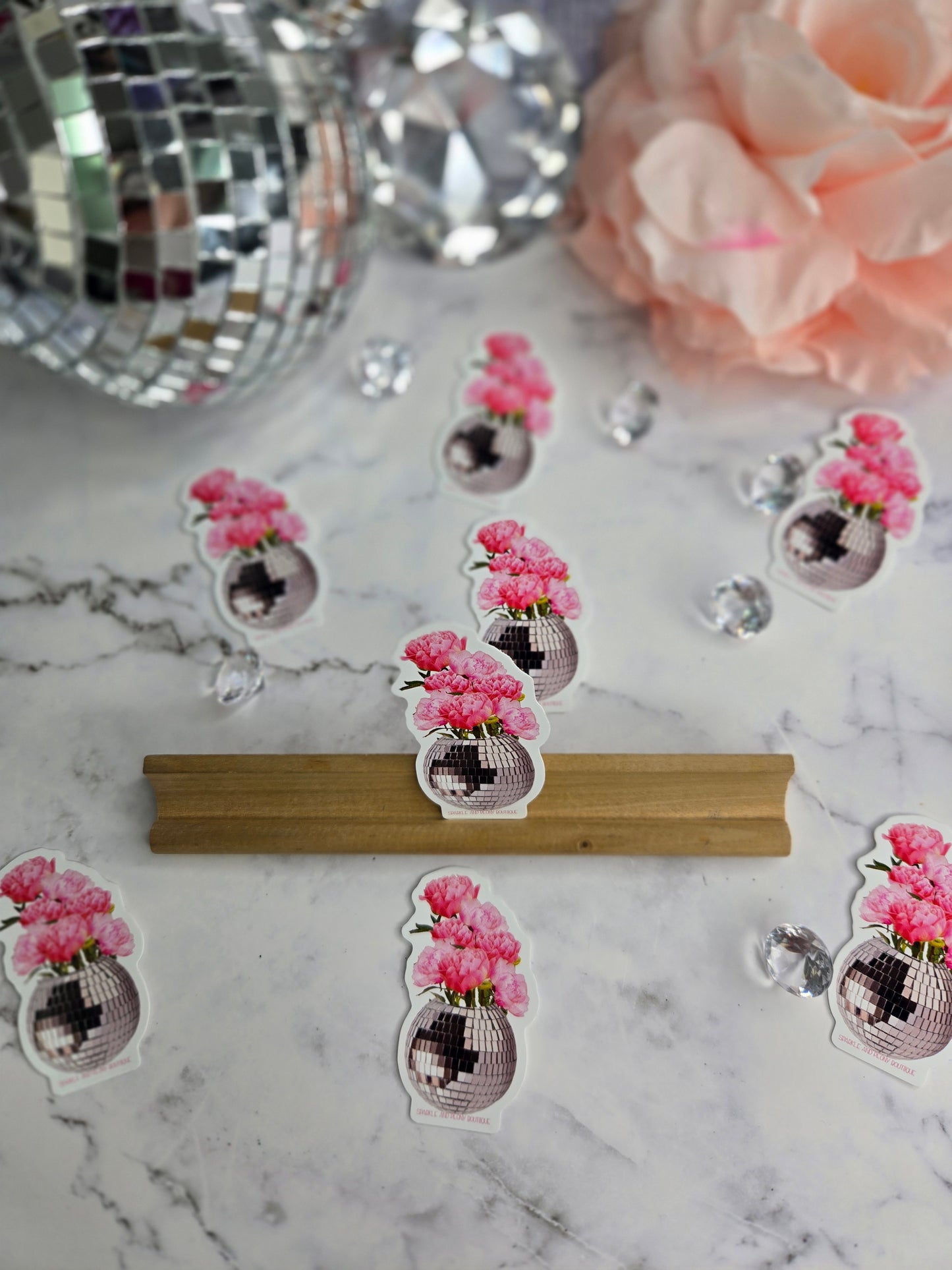 Peony Bouquet in Disco Ball Sticker | Feminine Floral Waterproof Vinyl Decal