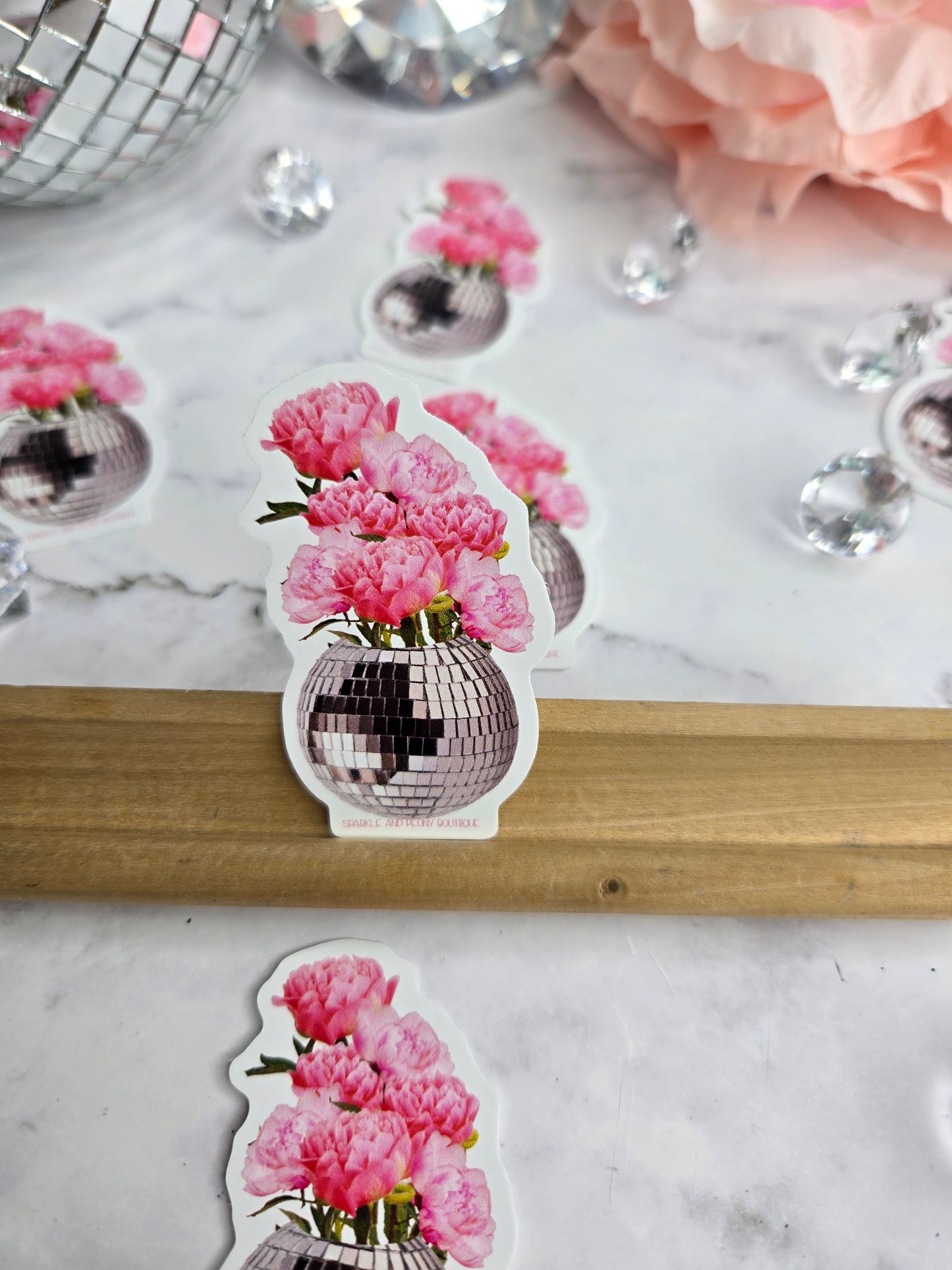 Peony Bouquet in Disco Ball Sticker | Feminine Floral Waterproof Vinyl Decal