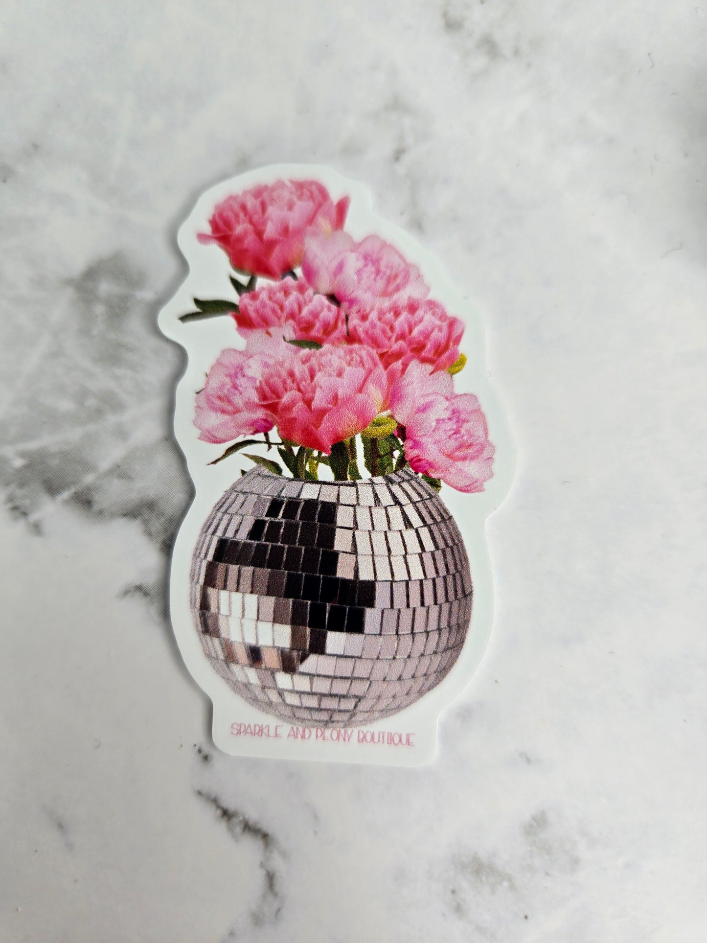 Peony Bouquet in Disco Ball Sticker | Feminine Floral Waterproof Vinyl Decal