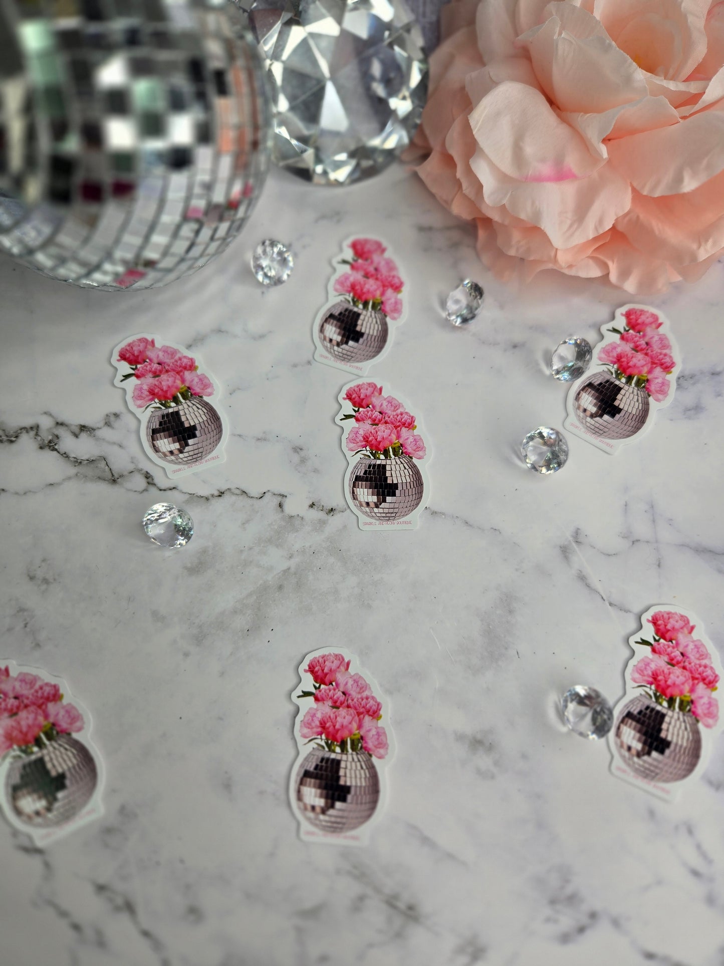 Peony Bouquet in Disco Ball Sticker | Feminine Floral Waterproof Vinyl Decal
