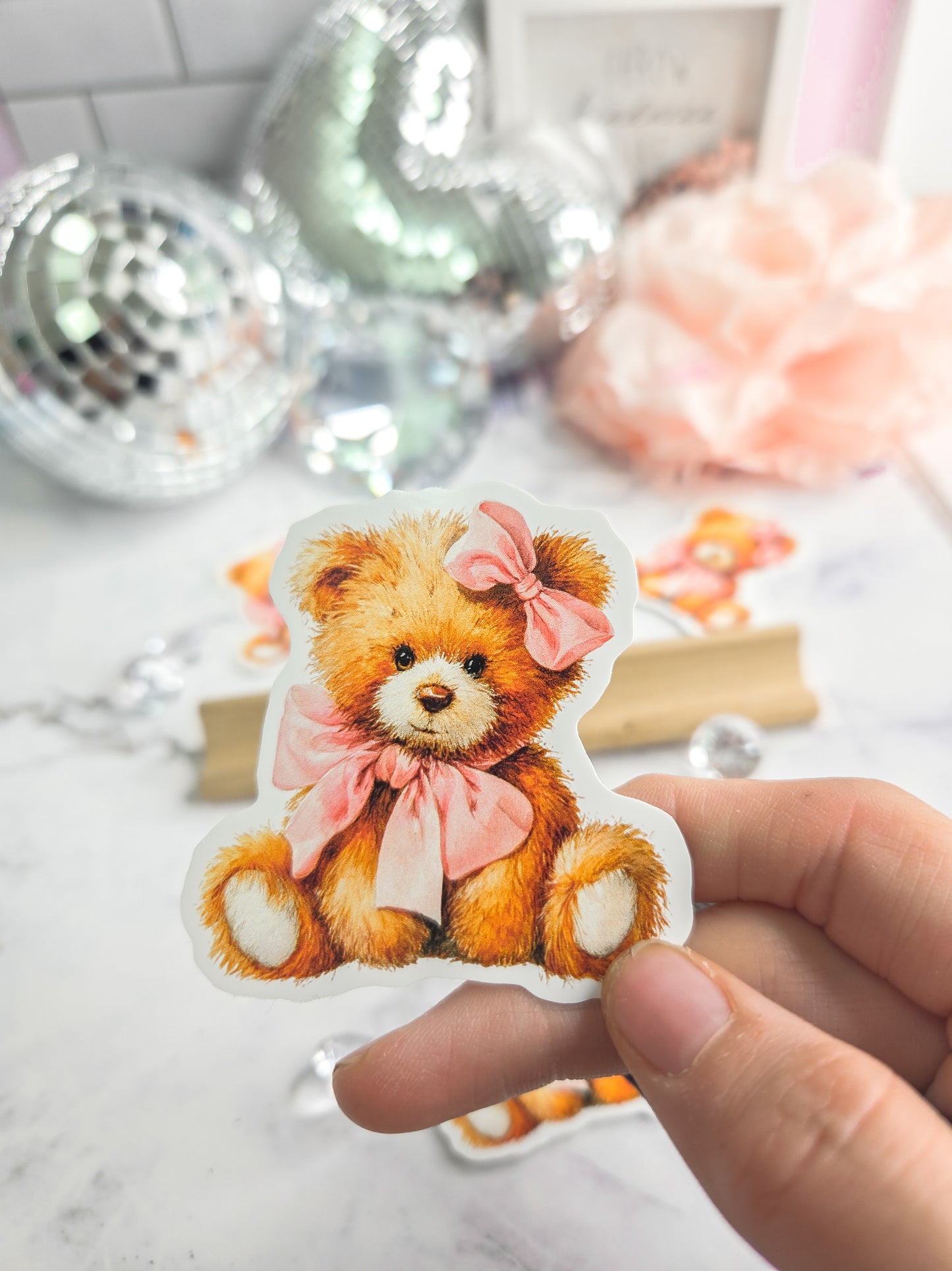 Bear Hug Teddy Sticker – Cute Feminine Vinyl Sticker | Whimsical Pink Bow Teddy Bear