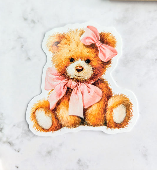 Bear Hug Teddy Sticker – Cute Feminine Vinyl Sticker | Whimsical Pink Bow Teddy Bear