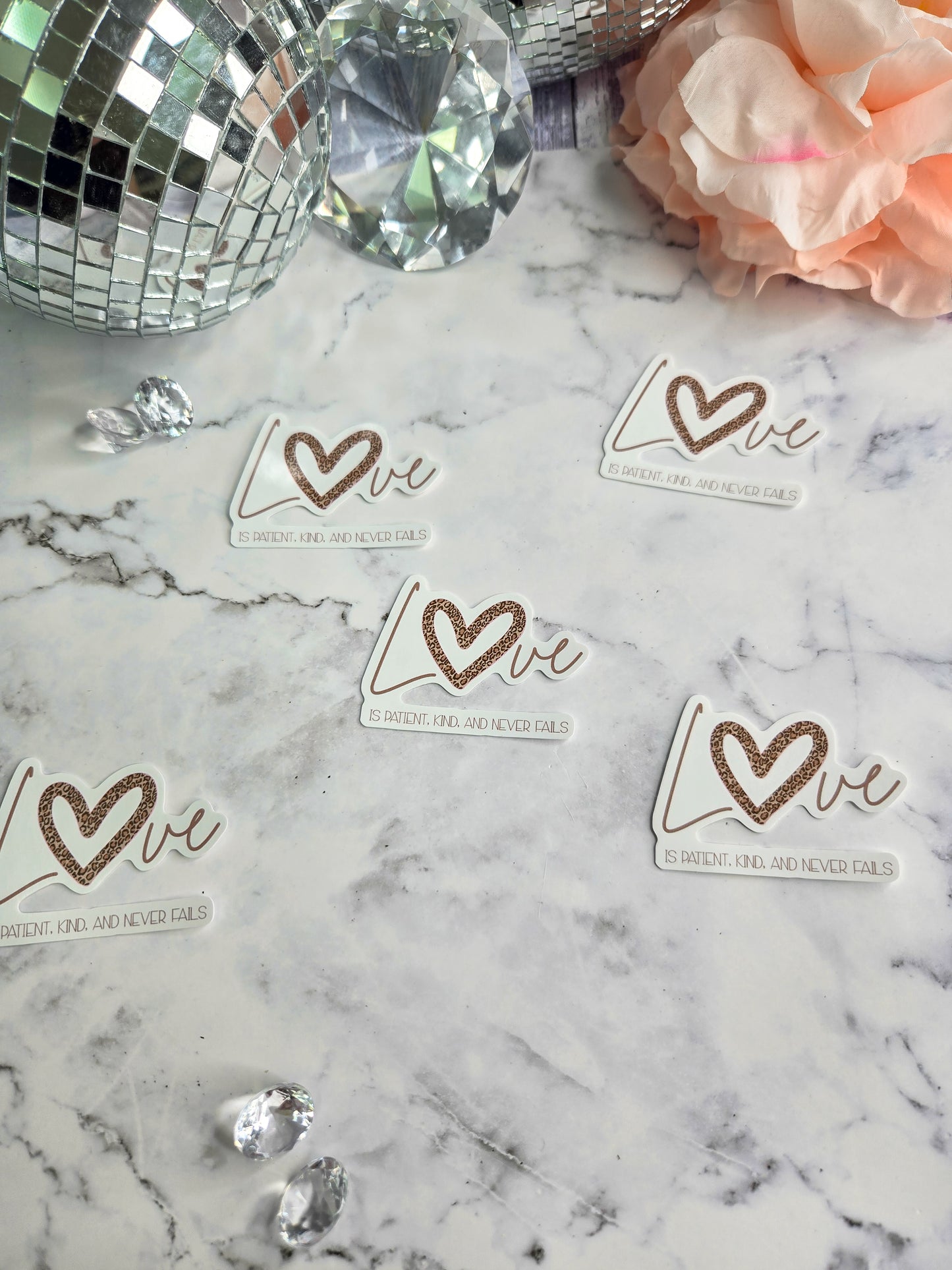 Love Is Patient, Kind & Never Fails Sticker – Leopard Heart Christian Vinyl Sticker | Faith-Based Feminine Sticker