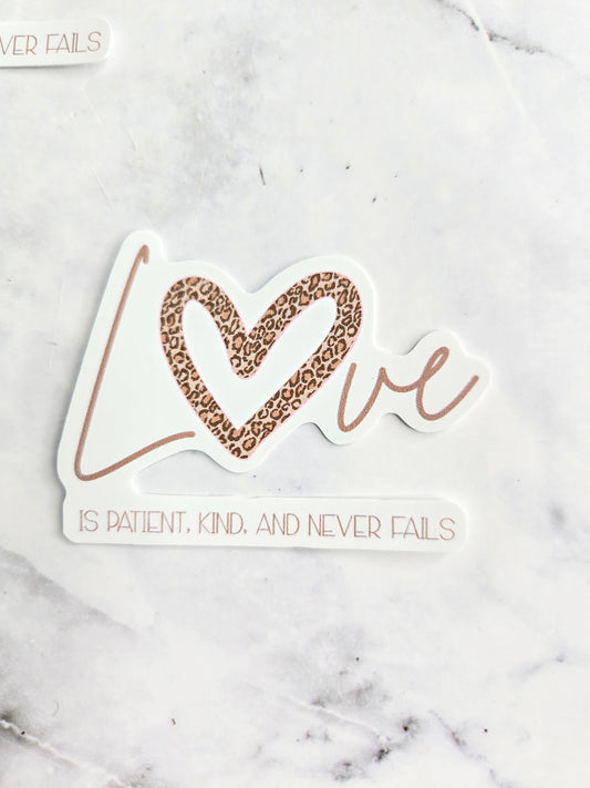 Love Is Patient, Kind & Never Fails Sticker – Leopard Heart Christian Vinyl Sticker | Faith-Based Feminine Sticker