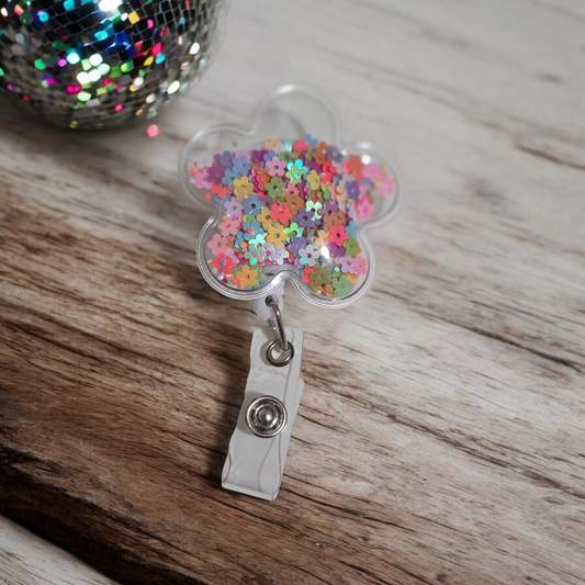 Confetti Shaker flower badge reel belt clip style