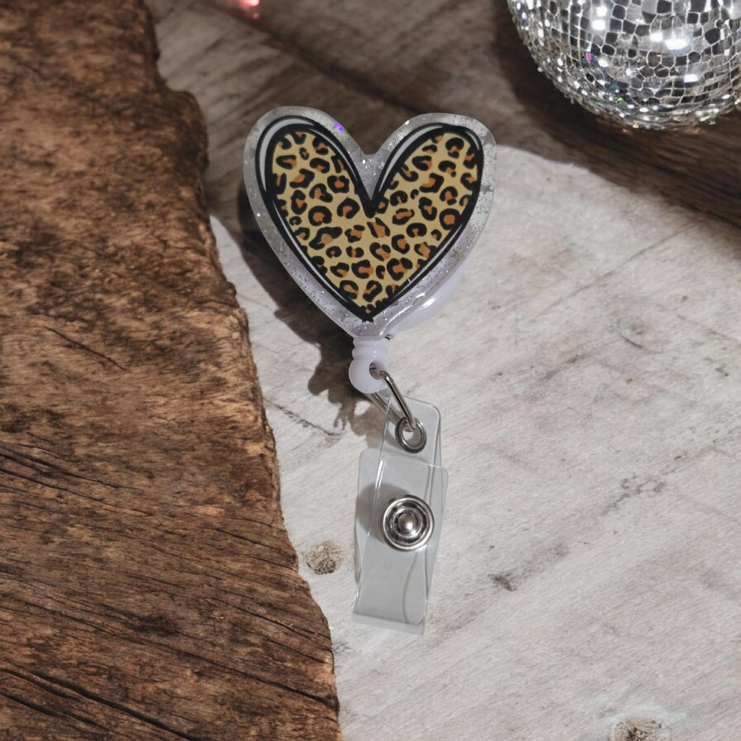 Leopard heart badge reel- belt clip design