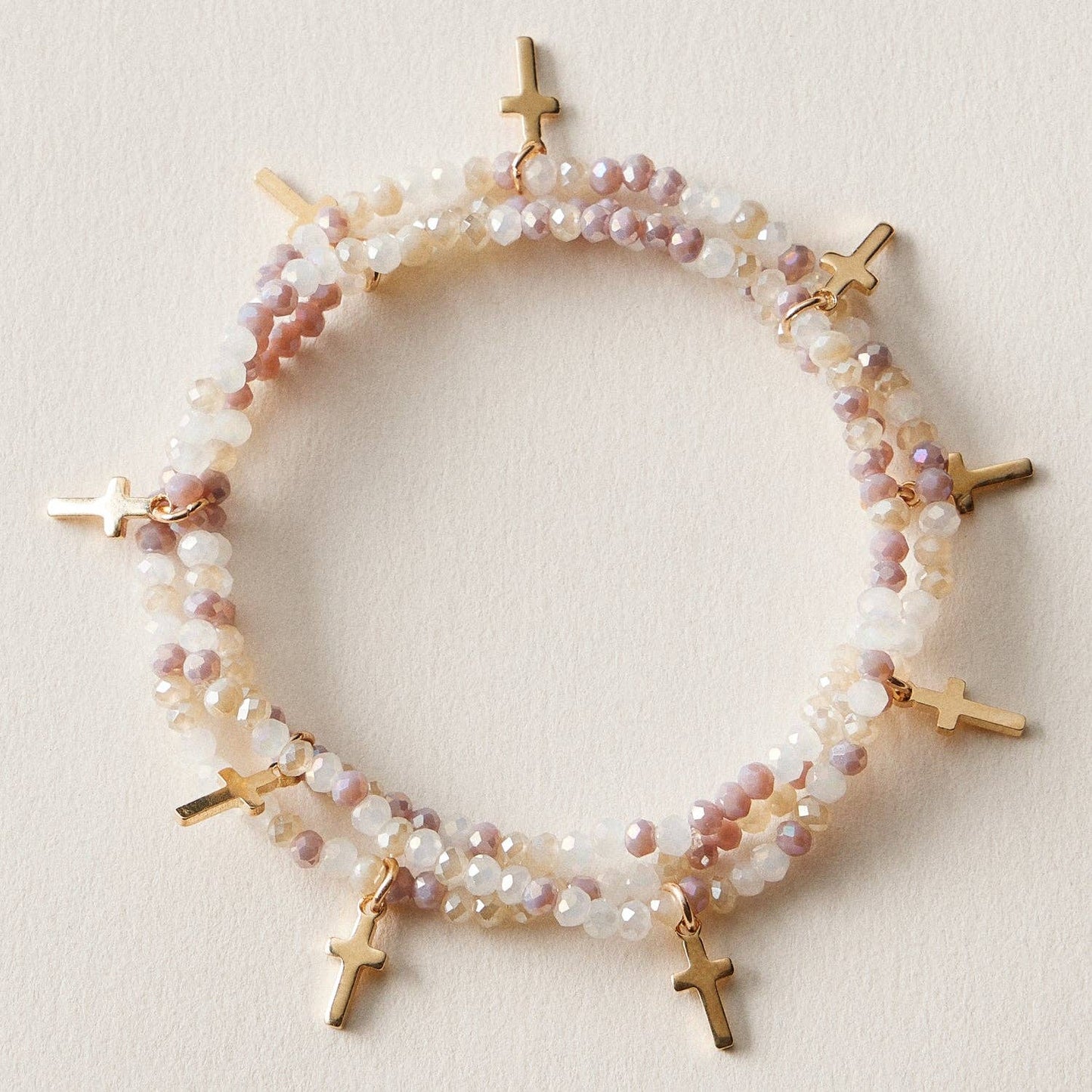 Gold Cross Charm Crystal Stretch Bracelet Stack Set