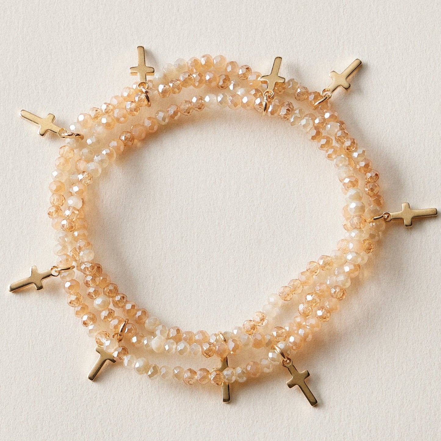 Gold Cross Charm Crystal Stretch Bracelet Stack Set