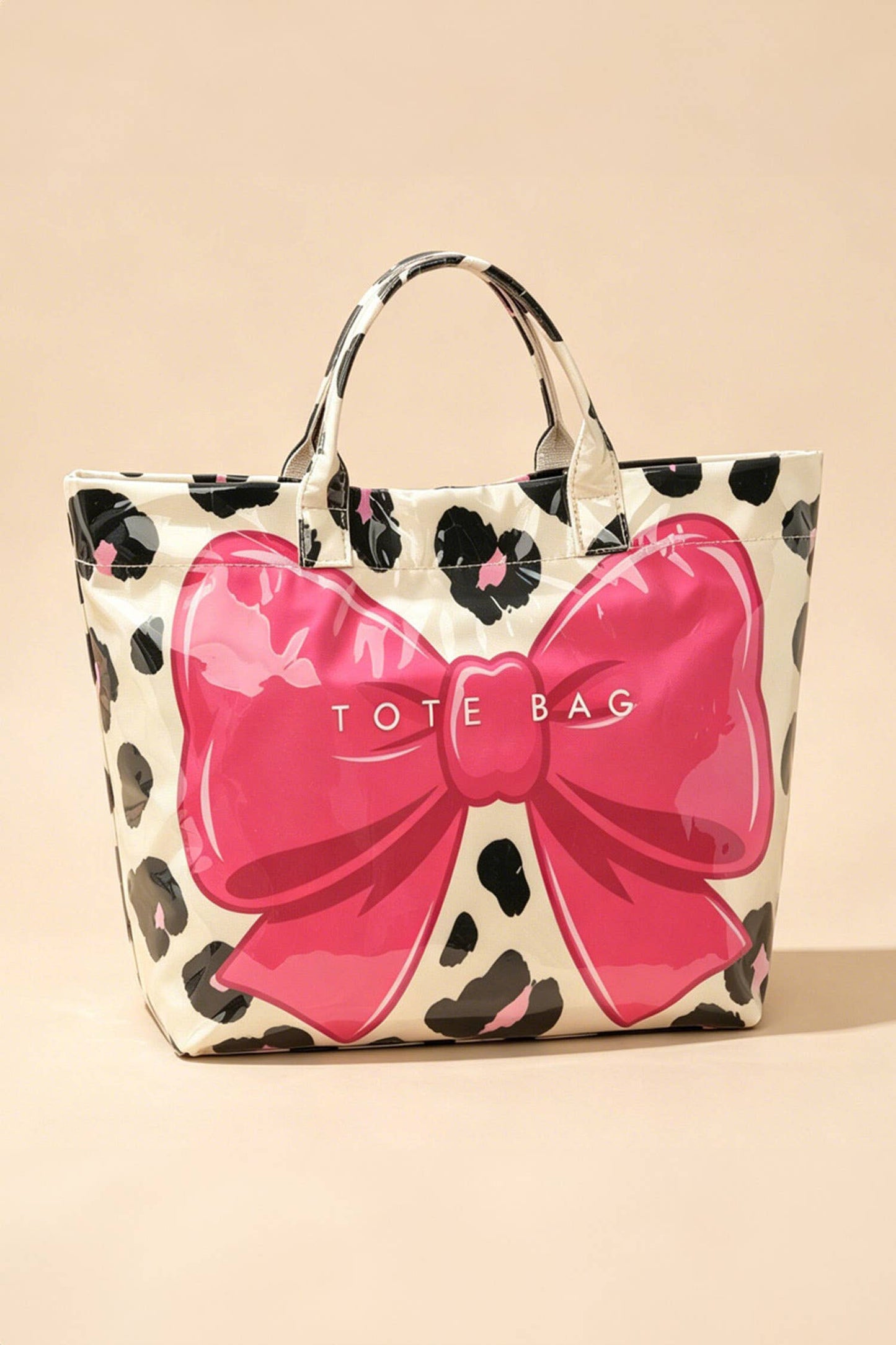 66 Sweet Bow Leopard Print Sleek PVC Tote Bag Gifts