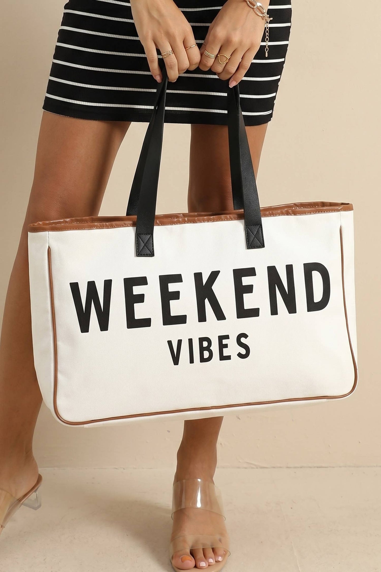 Weekend Vibes Print Summer Travel Canvas Tote Bag