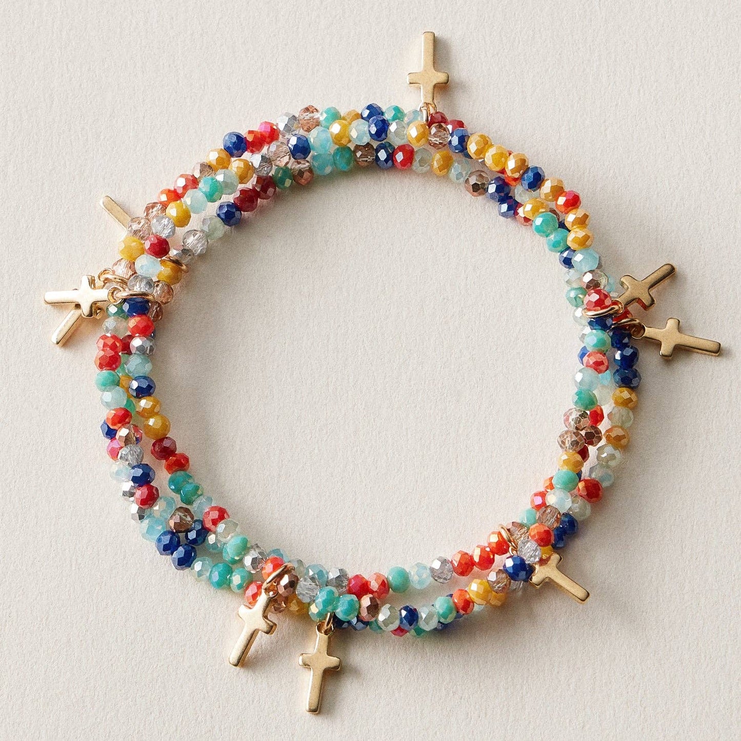 Gold Cross Charm Crystal Stretch Bracelet Stack Set