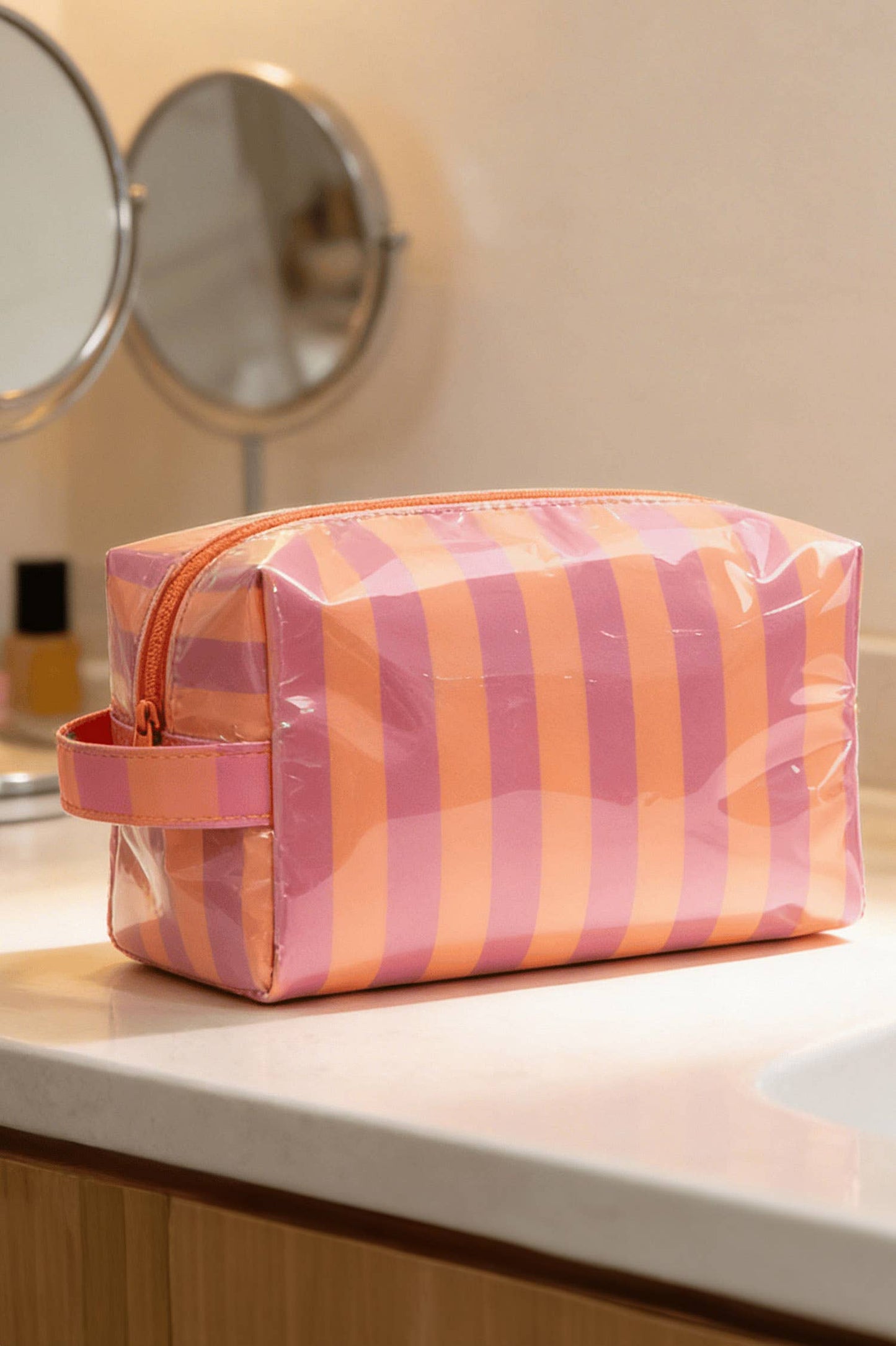 Striped Cosmetic Bag Durable Zipper Handle Travel Organizer
