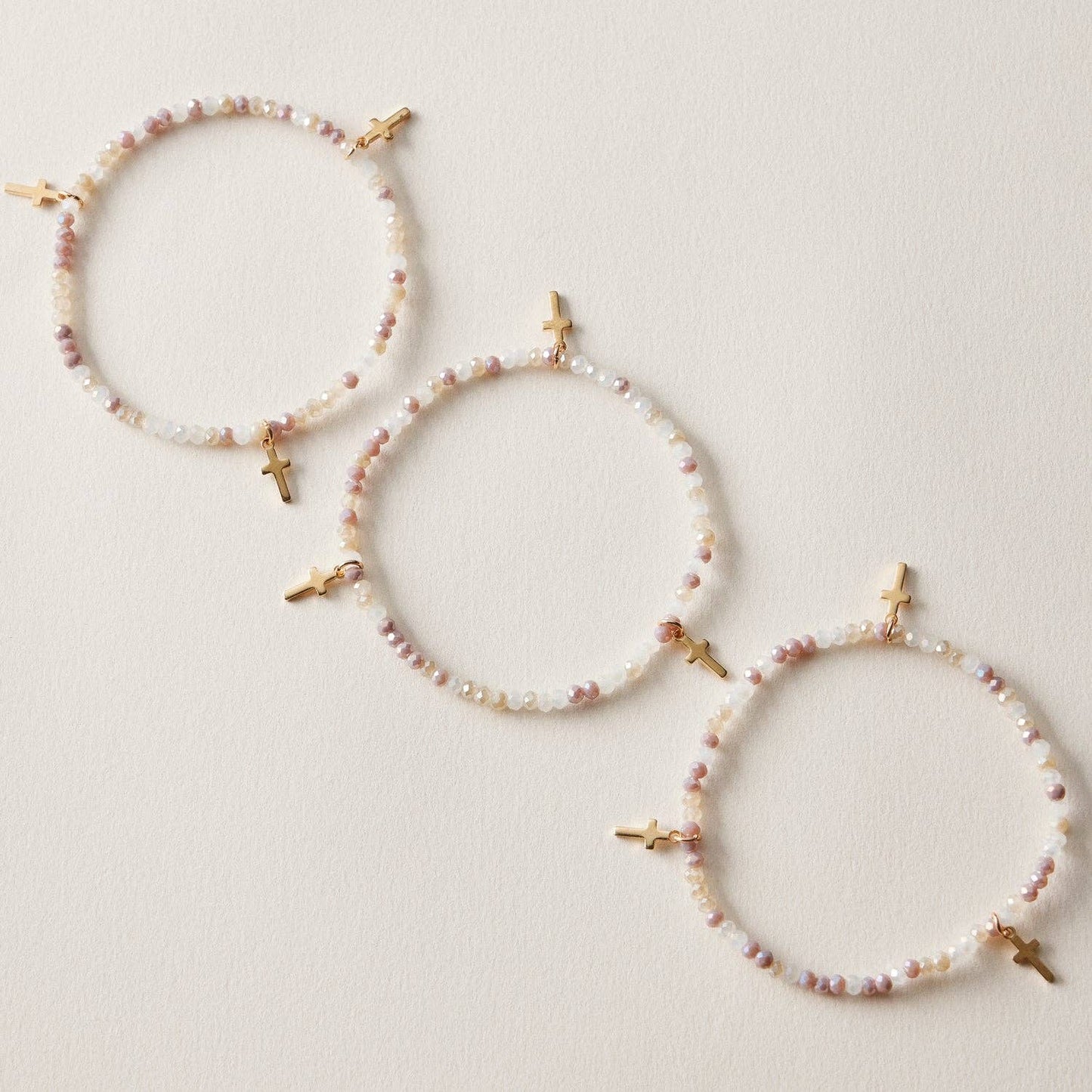 Gold Cross Charm Crystal Stretch Bracelet Stack Set